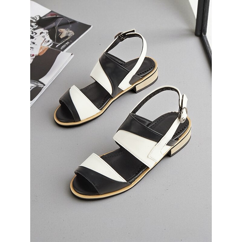 Women's Black and White Buckle Strap Sandals – Elegant Commuter Office Shoes with Low Heels for Work & Smart Casual Outfits4