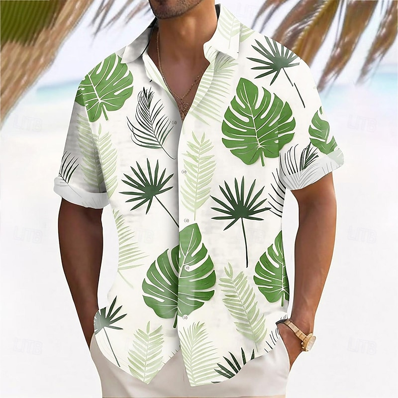 Men's Palm Leaf Tropical Plants Shirt Summer Hawaiian Shirt Button Up Shirt Short Sleeve Hawaiian Resort Vacation Holiday Beach Wear Summer Spring Turndown 3D Print Collared Shirts White Blue3
