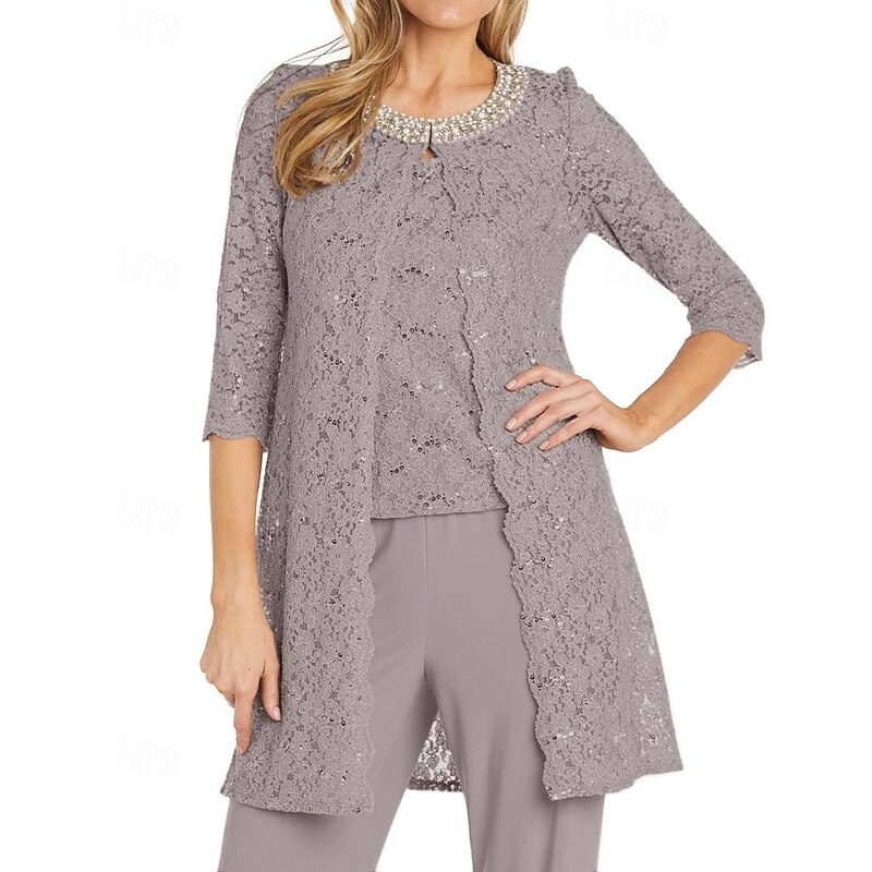 Glitter Lace Pantsuit 3 Piece Mother of the Bride Pantsuit Simple Minimalist Sparkle & Shine Crew Neck Ankle Length Lace Sleeveless Half Sleeve with Pearls Beading2