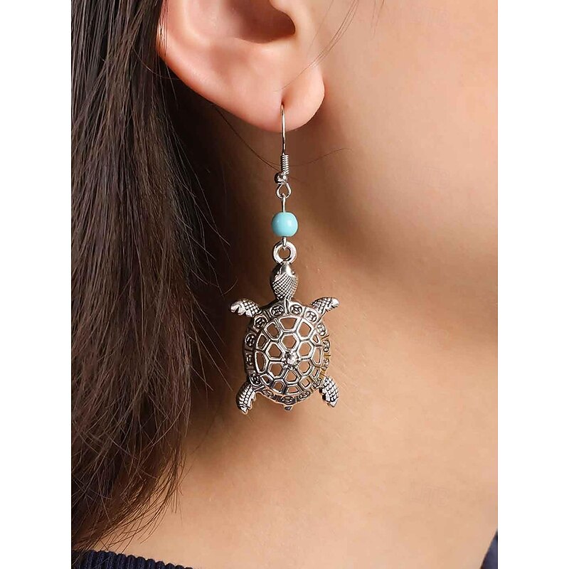 Women's Sea Turtle Drop Earrings – Boho Beach Style Dangle Earrings with Turquoise Bead Accent, Lightweight Ocean-Inspired Jewelry for Summer Vacations and Coastal Outfits2