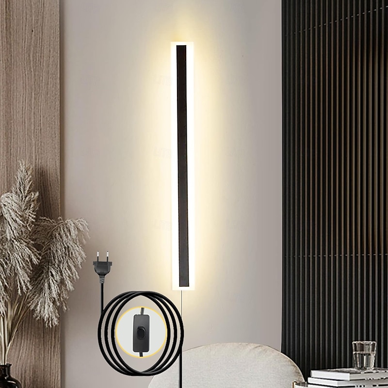 Modern Plug Wall Lamp 11.8-47in Frosted Black LED Acrylic Outdoor Wall Lamp 59 Inch Plug Cable with Opening Acrylic Indoor Wall Lamp Suitable for Bedroom Living Room Bathroom Makeup Corridor2