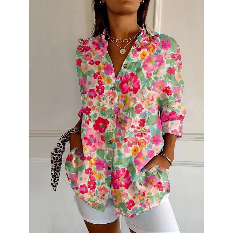 Women's Shirt Floral Bohemia Hawaiian Long Sleeve Shirt Collar Regular Tops Daily Holiday Pocket Buttons Print White Yellow Pink Navy Blue Blue Summer4
