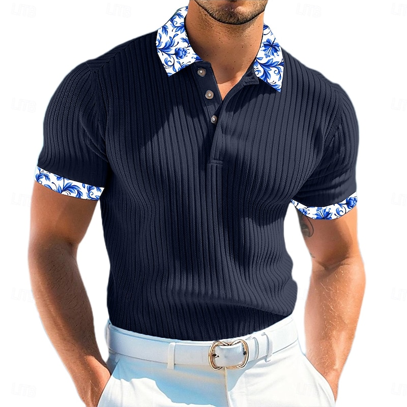 Men's Rib Knit Top Muscle Shirt Work Casual Lapel Ribbed Polo Collar Short Sleeve Basic Modern Color Block Buttons Knitted Summer Spring & Summer Slim Fit White Navy Blue Light Blue Gray Rib Knit Top