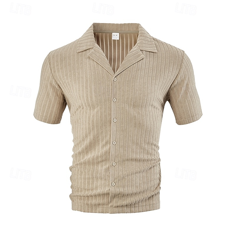Men's Shirt Summer Shirt Casual Shirt Beach Shirt Button Up Shirt Black White Navy Blue Sky Blue khaki Short Sleeve Vertical Stripes Lapel Vacation Casual Clothing Apparel Fashion Casual Comfortable2