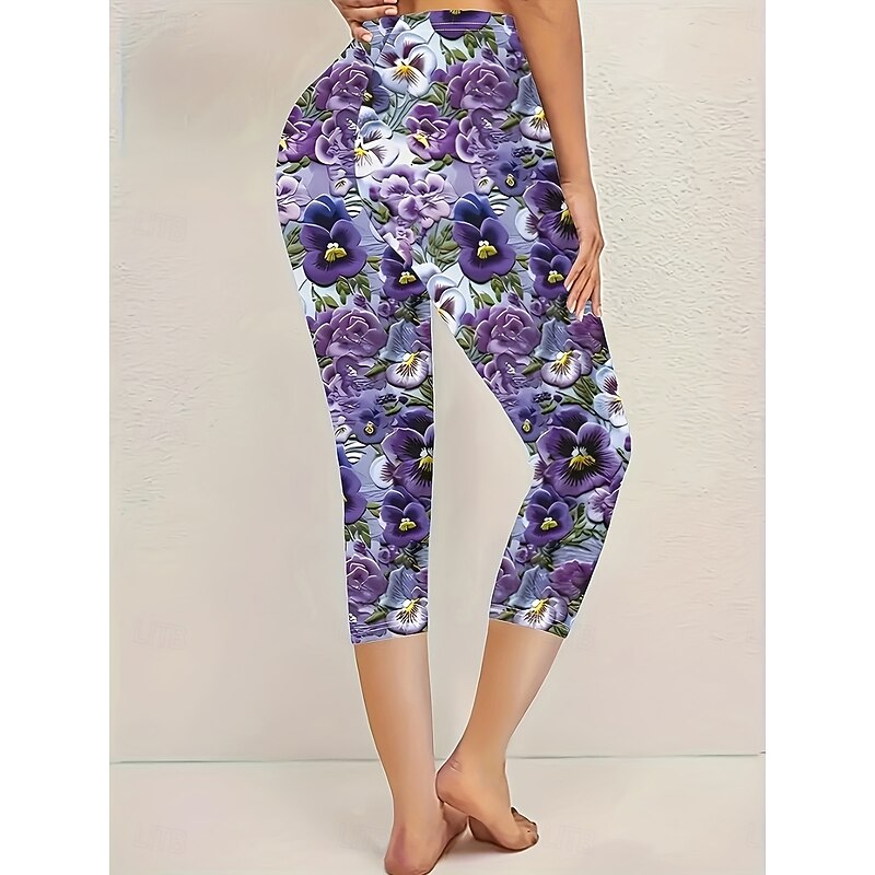 Women's Leggings Capri Pants High Elasticity Vacation Vintage Fashion Calf-Length High Waist Floral Graphic Printing Breathable Soft Stretchy Formal Vacation Office Violet White / Purple3