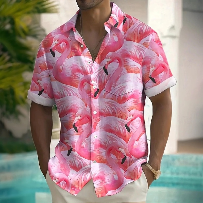 Men's Flamingo Bird Shirt Summer Hawaiian Shirt Button Up Shirt Short Sleeve Hawaiian Vacation Holiday Beach Wear Summer Spring Turndown 3D Print Collared Shirts Front One Pocket Pink