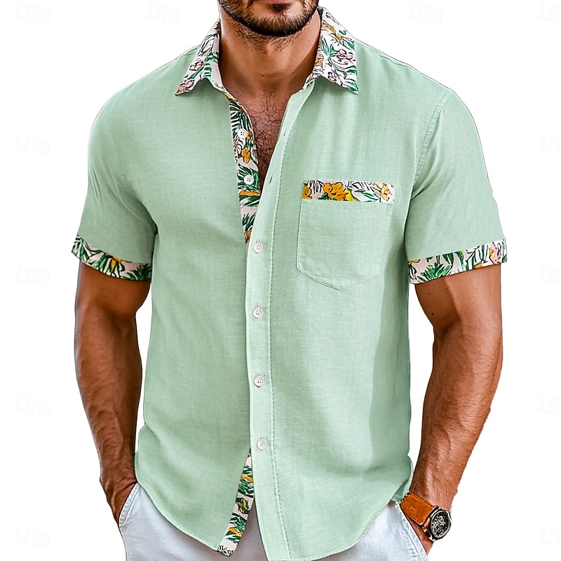 Men's Shirt Linen Shirt Summer Shirt Beach Wear Button Up Shirt Solid Color Vacation Curise Black White Pink Green Short Sleeve Collar Summer Spring & Summer Clothing Apparel Color Block2
