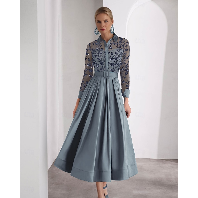 Embroidered A-Line Mother of the Bride Cocktail Dresses Elegant Formal Wedding Guest Ankle Length Long Sleeve Shirt Collar Satin with Glitter Slit