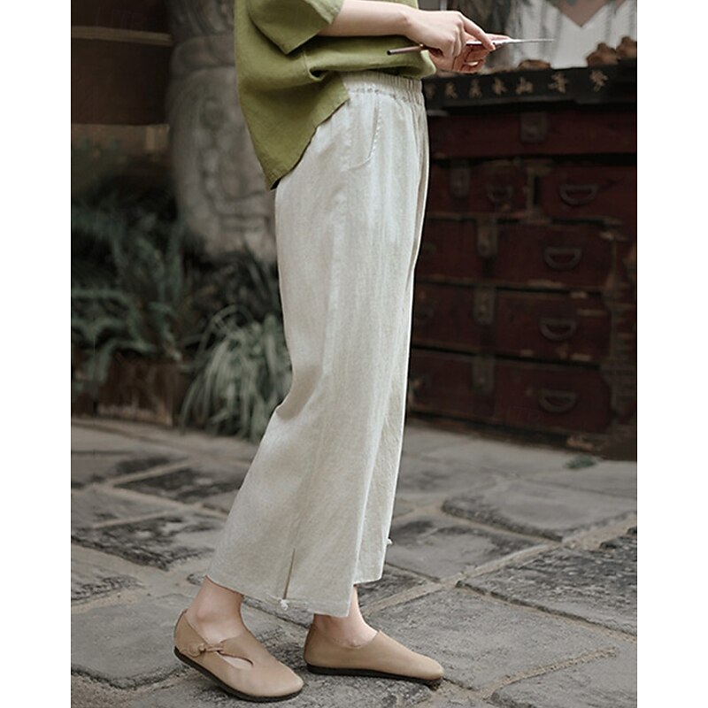Women's Wide Leg Cotton Linen Pants Pants Trousers Vacation Fashion Ankle-Length Mid Waist Plain Elastic Waist Breathable Comfortable Micro-elastic Street Daily Wear Going out Black Beige Summer4