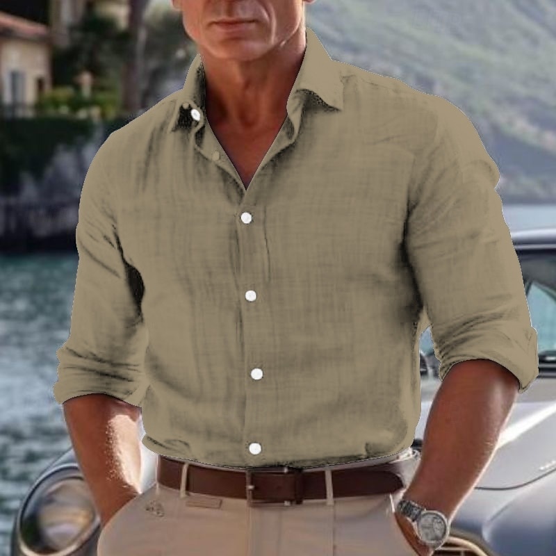 Men's Cotton Shirt Black White khaki Dark Gray Light Blue Long Sleeve Plain Lapel Vacation Clothing Apparel Fashion Casual Comfortable4