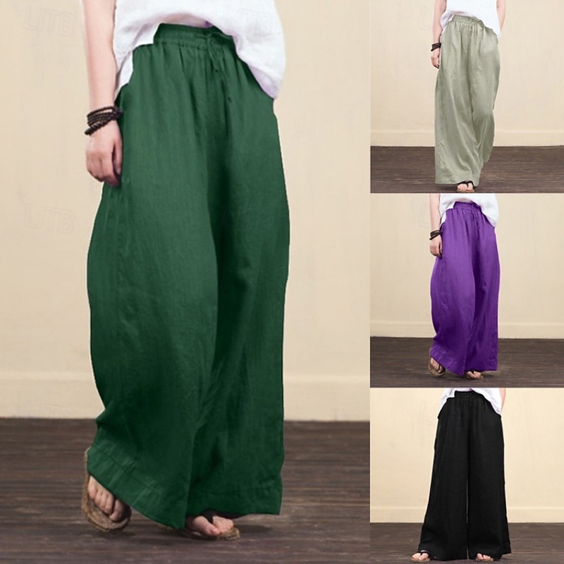Women's Cotton Linen Pants Slacks Fashion Streetwear Full Length Natural Plain Elastic Drawstring Design Comfy Outdoor Comfortable Outdoor Vacation Black Light Green Purple Green Summer Regular Fit
