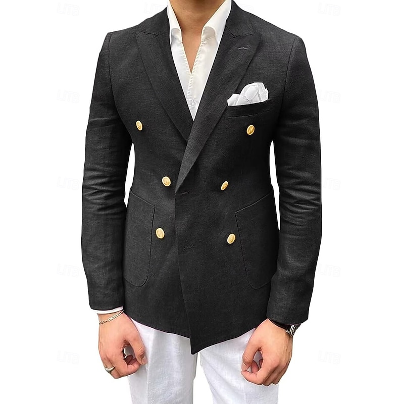 Men's Linen Blazer Sport Coat Closure collar Fashion Casual Solid Colored Black Pink khaki Tailored Fit Double Breasted Six-buttons4