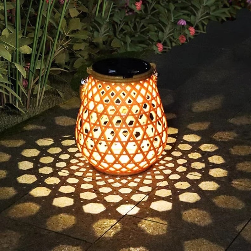 1 Pc Outdoor Solar Lanterns Bamboo Woven Wooden Lantern Rattan Woven Hanging Lantern Courtyard Garden Tree Landscape Light