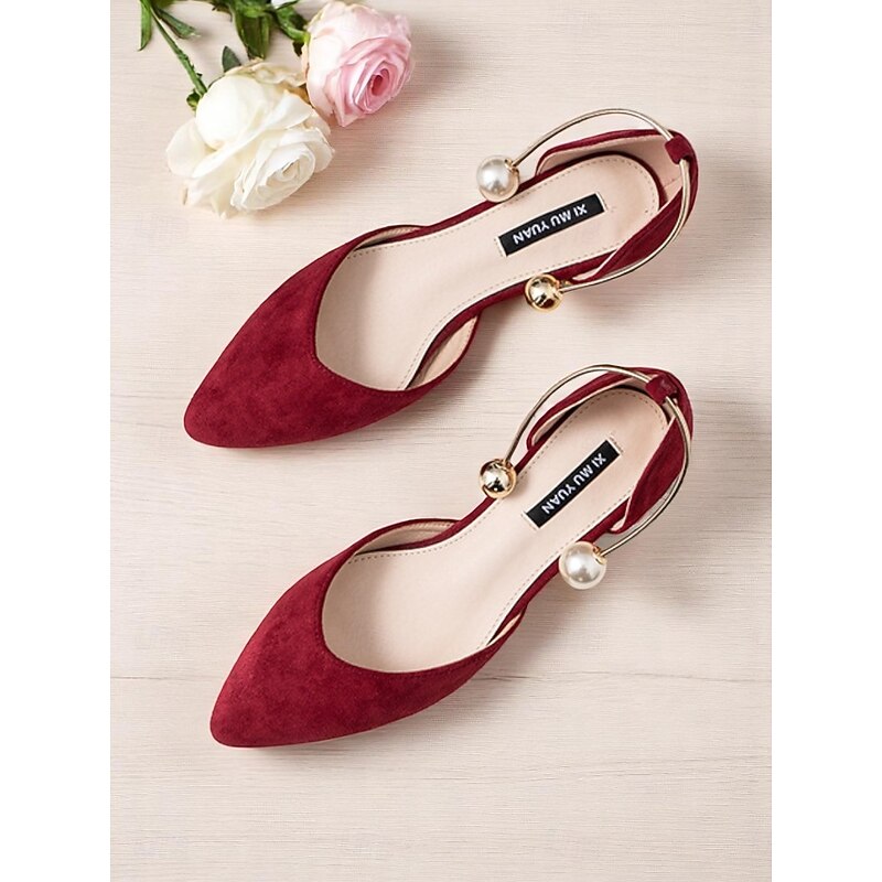 Women's Burgundy Pointed Toe Flats – Suede Shoes with Pearl Anklet Strap for Elegant Daytime Dates3