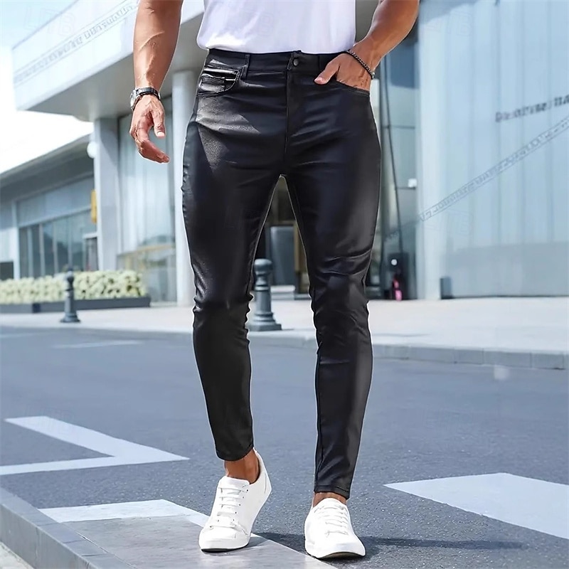 Men's Trousers Summer Pants Faux Leather Shorts Pocket Plain Comfort Breathable Vacation Streetwear Stylish Athleisure Black4