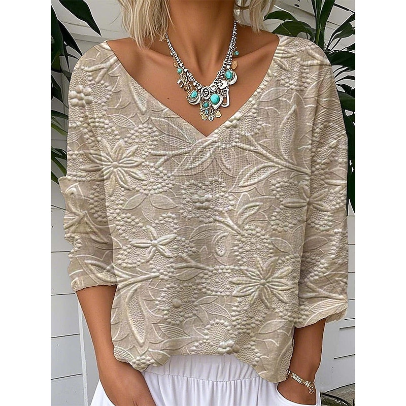 Women's Blouse Floral Graphic Plants Vintage Tropical Stylish 3/4 Length Sleeve V Neck Regular Tops Daily Going out Weekend Silver Gold Khaki Summer Spring - Main Image