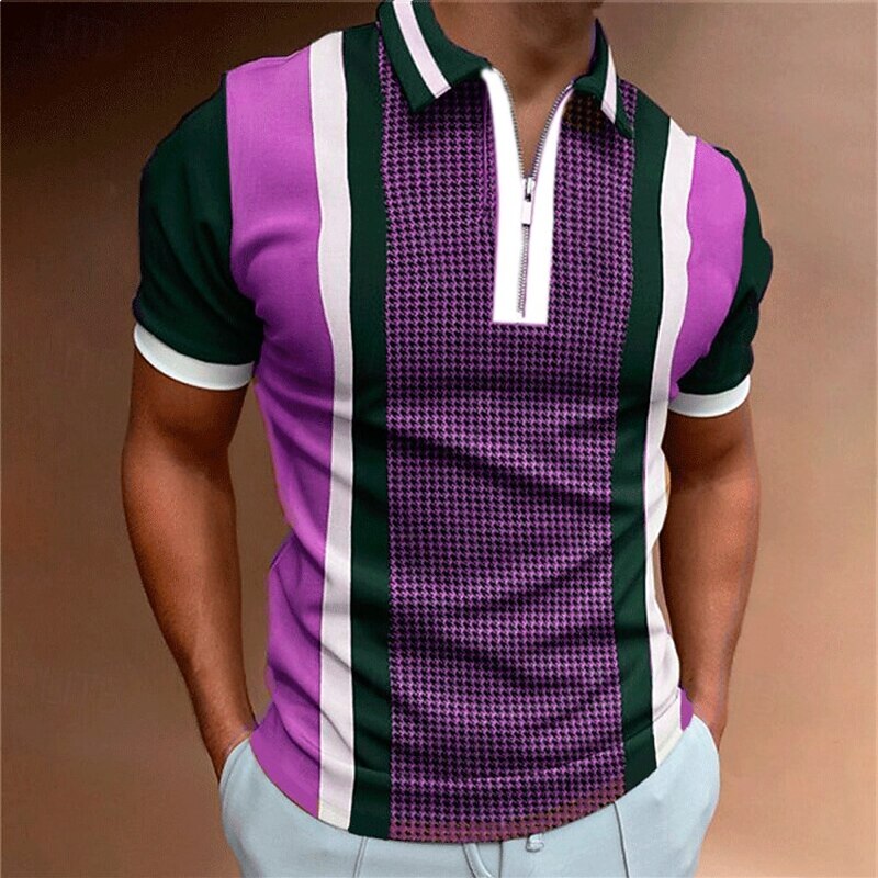 Men's Striped Zip Polo Shirts Golf Shirt Short Sleeve Polo Shirts Collared Shirts Business Casual WorkWear Formal Wear Festival Wear 3D Print Quarter Zip Polo Black Pink Purple3
