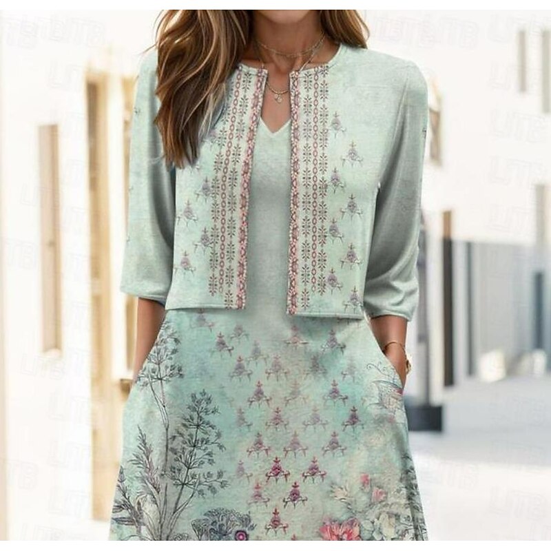 Women's Two Piece Dress Sets Midi Dress with Jacket Elegant A Line Dress Half Sleeve Party Cocktail Floral Print V Neck Wedding Guest Daily Green Regular Fit2