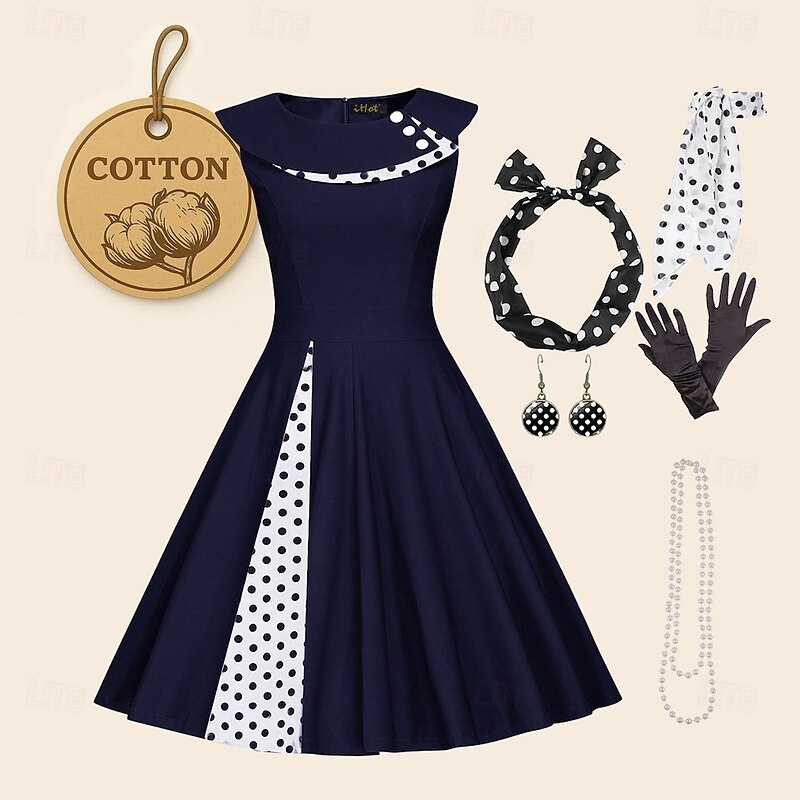 50s Outfit Flare Dress 7 Pcs 1950s Accessories Set Retro Vintage Swing Dress Women's Cosplay Costume Party Date Festival