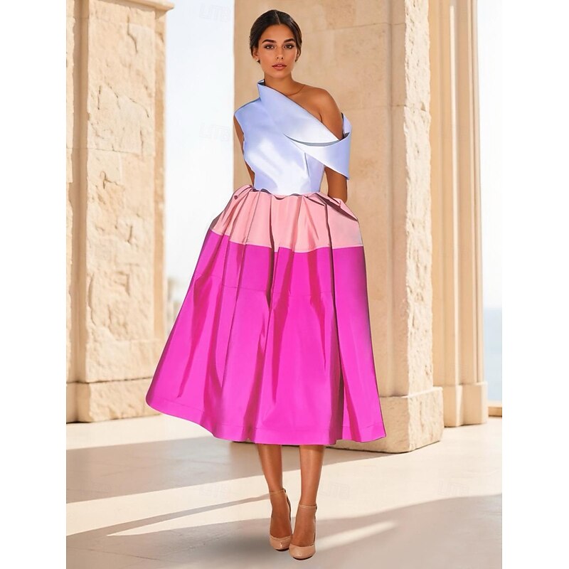 Asymmetrial Neck Cocktail Dresses Formal Wedding Guest Tea Length StraplessDress Color Block with Pleats Ruched