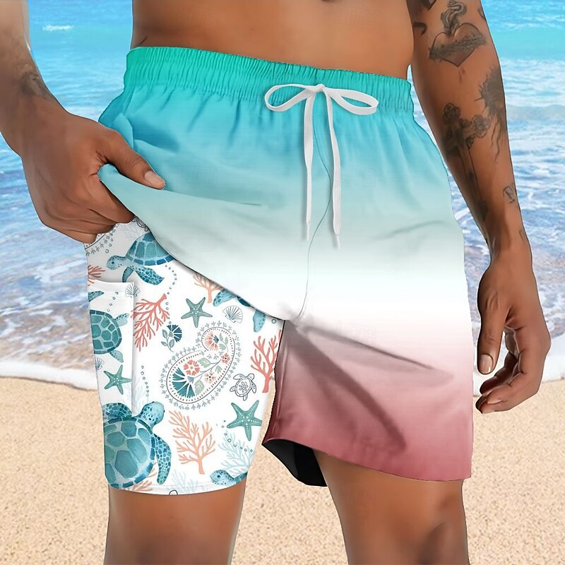 Men's Turtles Sea Creatures Lined Shorts 2 in 1 Board Shorts Swim Shorts Mid Waist Hawaiian Vacation Holiday Beach Wear Side Pockets With Compression Liner Elastic Drawstring Waist Designer Clothing4
