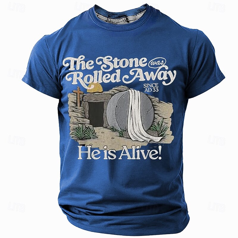 Christian Resurrection Faith Men's Graphic T-Shirt | 'The Stone Was Rolled Away He Is Alive' Easter Blue Short Sleeve2