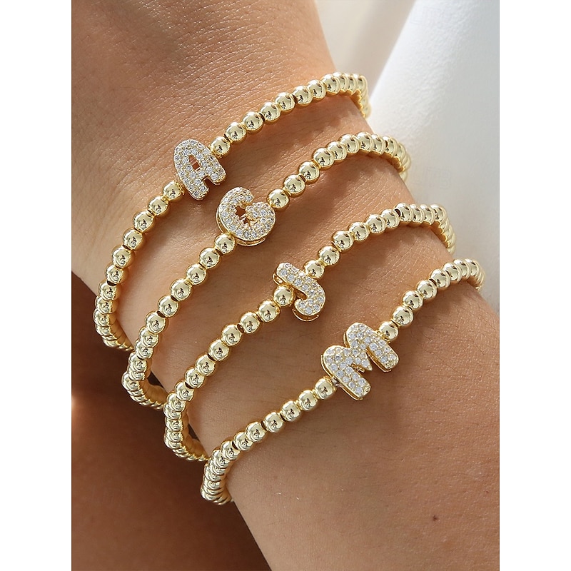 Women's Gold Beaded Initial Bracelet - Personalized Alphabet Charm Jewelry, Adjustable Elastic Stretch Design, Elegant Style, Suitable for Graduation Gifts, Birthdays and Daily Wear