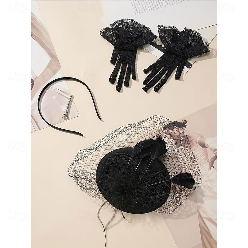 Fascinators Pillbox Hats for Women, Tea Party Hat and Short Lace Gloves Set Perfect for Kentucky Derby, Cocktail4