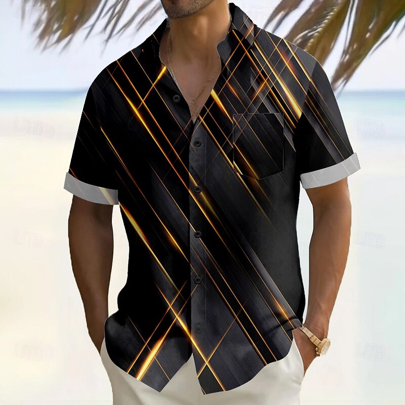 Men's Geometric Striped Gradient Color Shirt Summer Shirt Button Up Shirt Short Sleeve Fashion Casual Vacation Holiday Streetwear Summer Turndown 3D Print Front One Pocket Linen Like Shirt Yellow