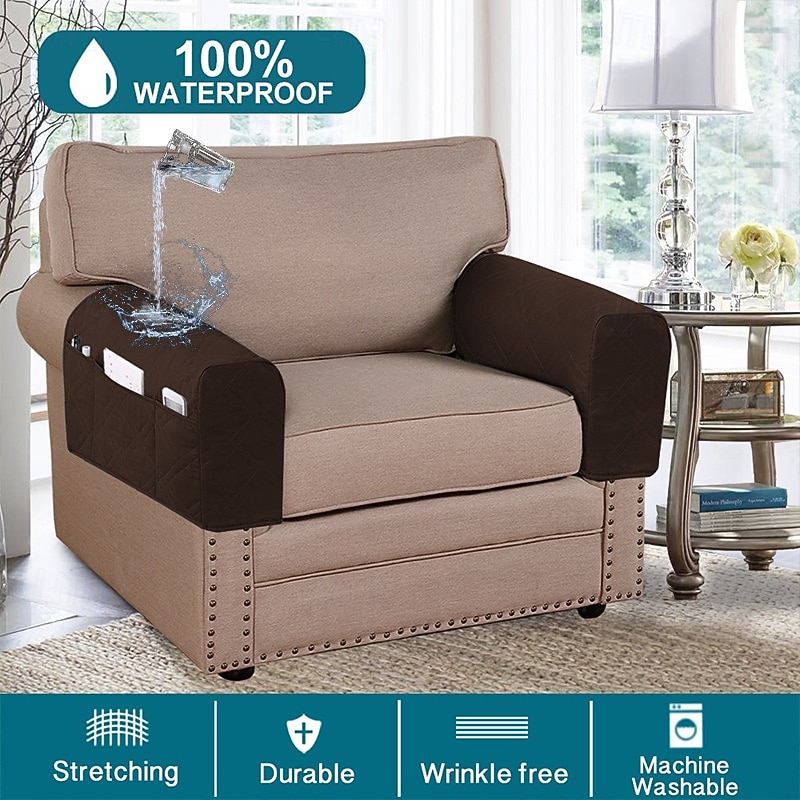2 Pcs 100% Waterproof Armrest Covers for Chairs and Sofas Couch Arm Covers for Sofa Armrest Covers with Side Pocket Anti-Slip Furniture Protector Washable