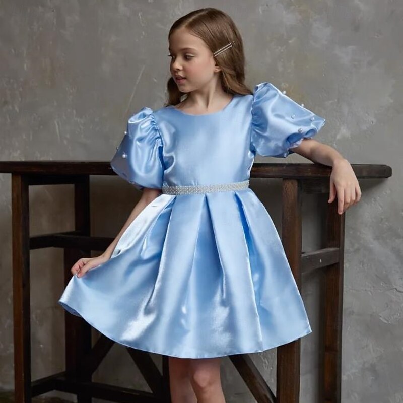 Kids Girls' Dress Party Dress Solid Color Short Sleeve Performance Puff Sleeve Princess Sweet Satin Knee-length Sheath Dress Summer Spring Fall kids Sky Blue2