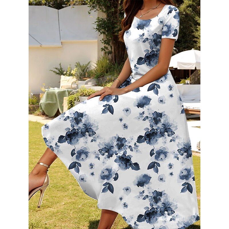 Women's Maxi Dress Casual Dress A Line Dress Summer Dress Elegant Vacation Casual Regular Fit Floral Graphic Short Sleeve Square Neck White Pink Blue Summer