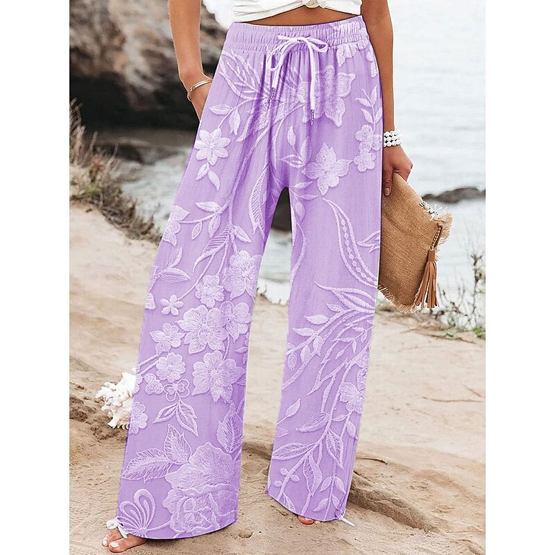 Women's Wide Leg Chinos Baggy Pants Vacation Fashion Hawaiian Full Length High Waist Floral Graphic Printing Soft Breathable Micro-elastic Casual Daily Casual Daily Pink Blue Purple Beige Summer3