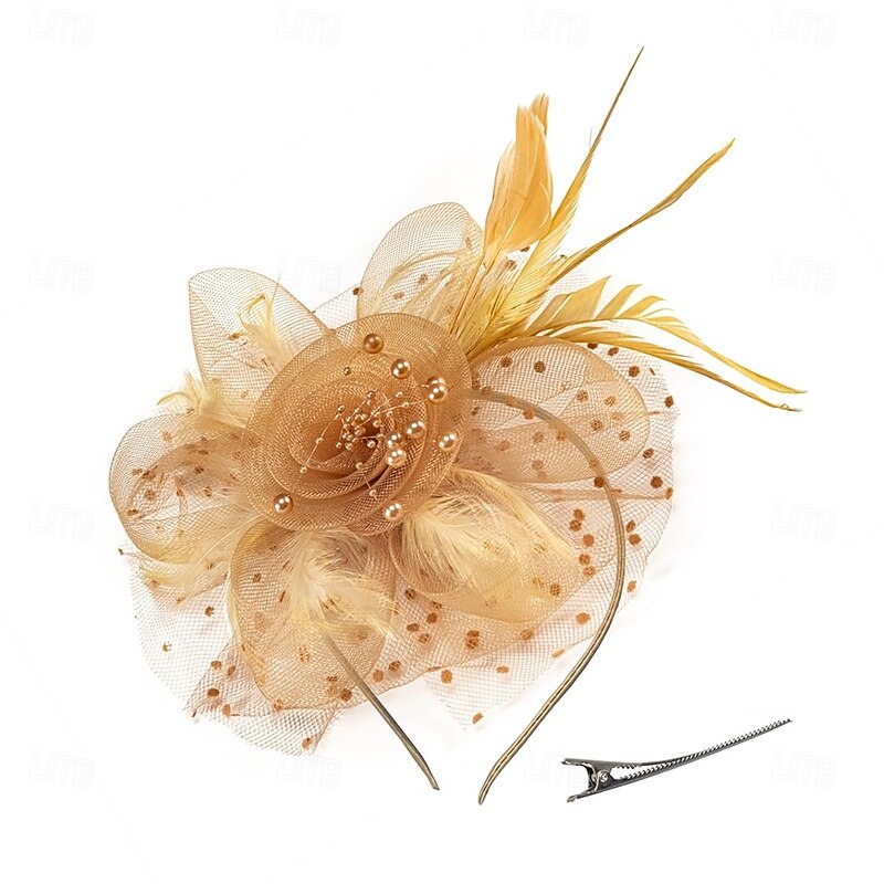 Women's Feather Mesh Flower Fascinator Hats for Women Wedding Tea Party Kentucky Derby Church with Headband and Clip