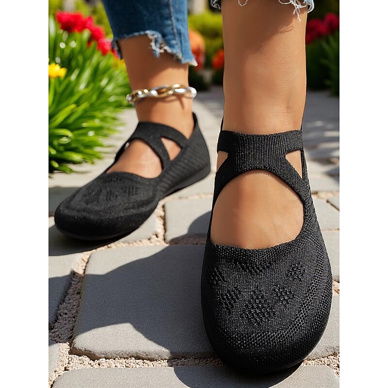 Women's Knitted Cross-Strap Wide Fit Mary Jane Flats – Lightweight Flyknit Barefoot Shoes for Spring and Daily Wear3