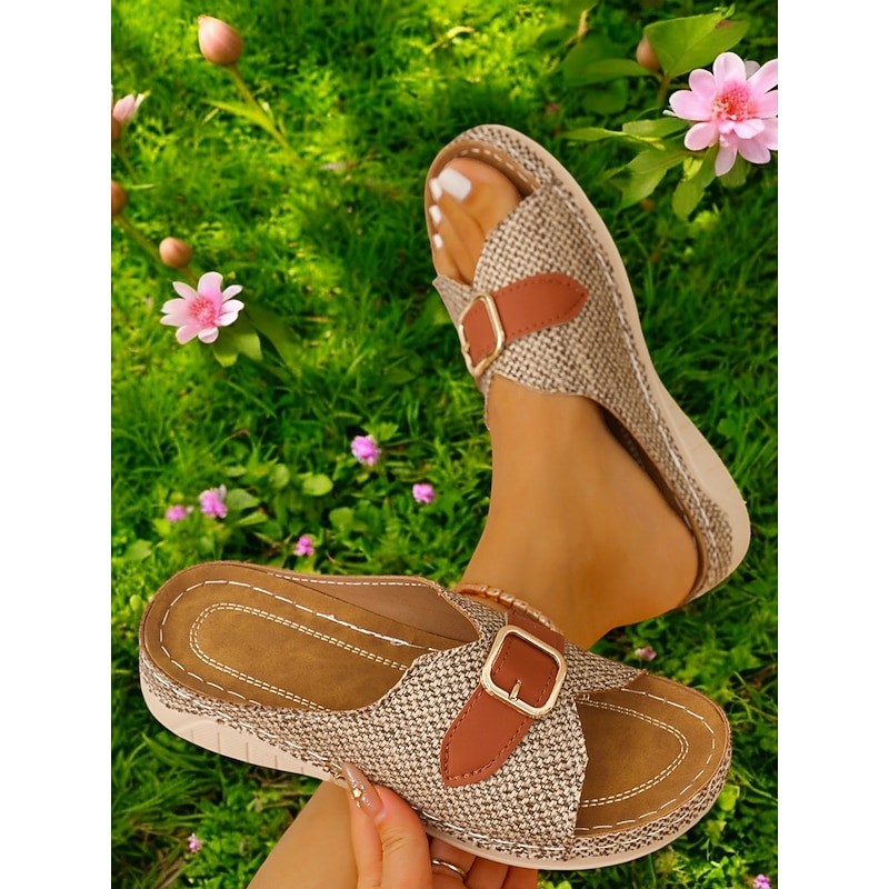 Women's Linen Flat Sandals with Buckle – Casual Summer Slides for Comfortable Daily Outdoor Wear3
