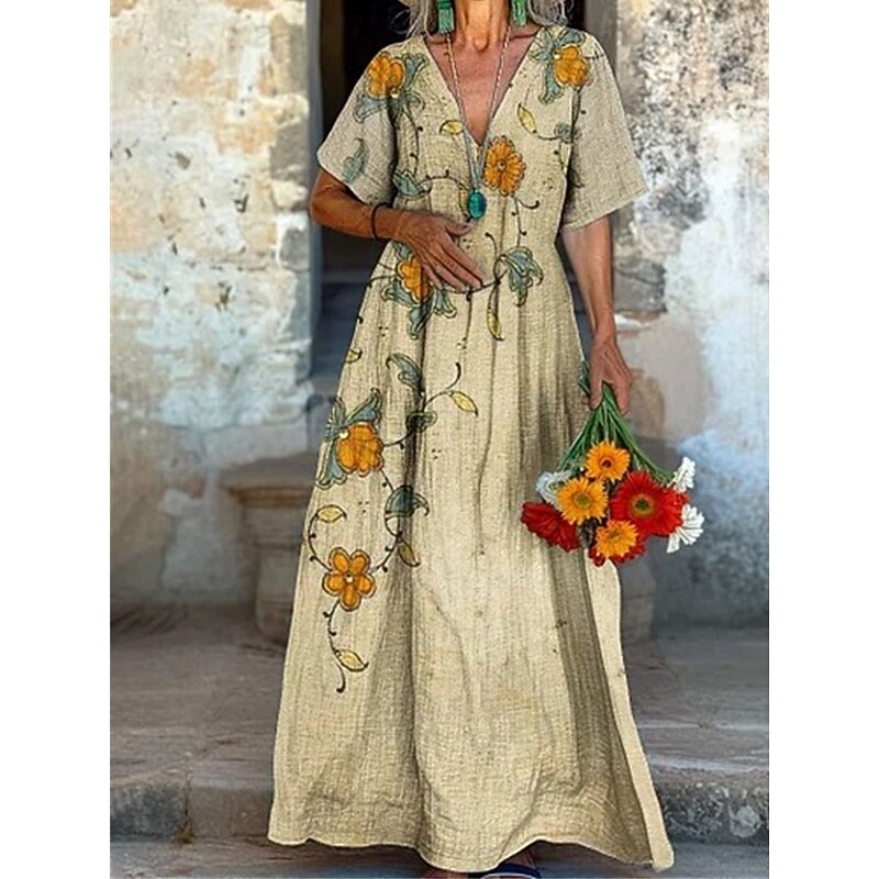 Women's Long Dress Maxi Dress Cotton Linen Dresses Casual Dress Boho Dress Western Dress Fashion Outdoor Party Holiday Regular Fit Flower Short Sleeve V Neck Red Blue Green Khaki Summer
