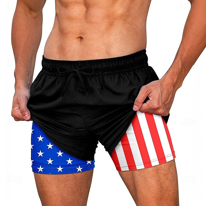 Men's American US Flag Patriotic Lined Shorts 2 in 1 Board Shorts Swim Shorts Mid Waist Hawaiian Vacation Beach Wear Side Pockets With Compression Liner Elastic Drawstring Waist Designer Clothing
