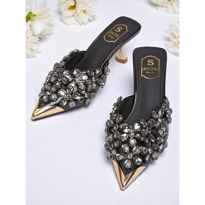 Women's Black Embellished Pointed-Toe Mules – Rhinestone Floral Slip-On Heels with Gold-Tone Accents for Elegant Cocktail Parties and Evening Events