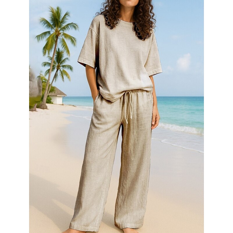 Women's Active Basic Two Piece Sets Pants Sets Half Sleeve Crew Neck Solid Color Casual Daily Navy Blue Brown Green Summer Regular Fit