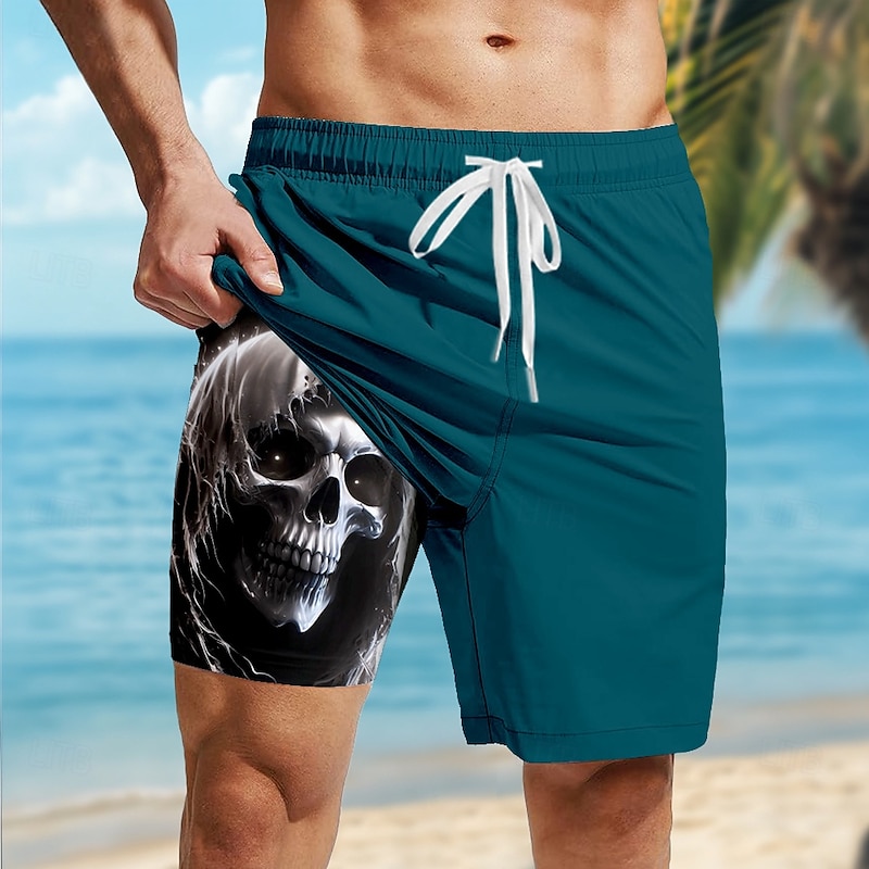 Men's Skull Dark Gothic Lined Shorts 2 in 1 Board Shorts Swim Shorts Mid Waist Hawaiian Retro Vintage Holiday Beach Wear Side Pockets With Compression Liner Elastic Drawstring Waist Designer Clothing4