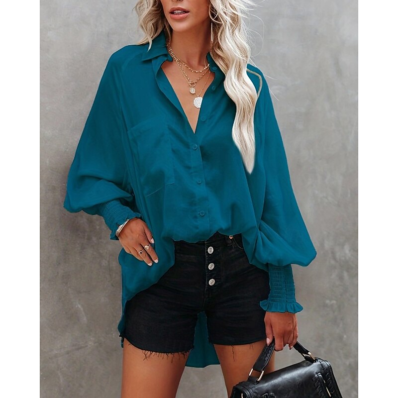 Women's Shirt Blouse Plain Striped Casual Long Sleeve Shirt Collar Regular Tops Holiday Going out Buttons White Blue Sky Blue Orange Beige Summer4