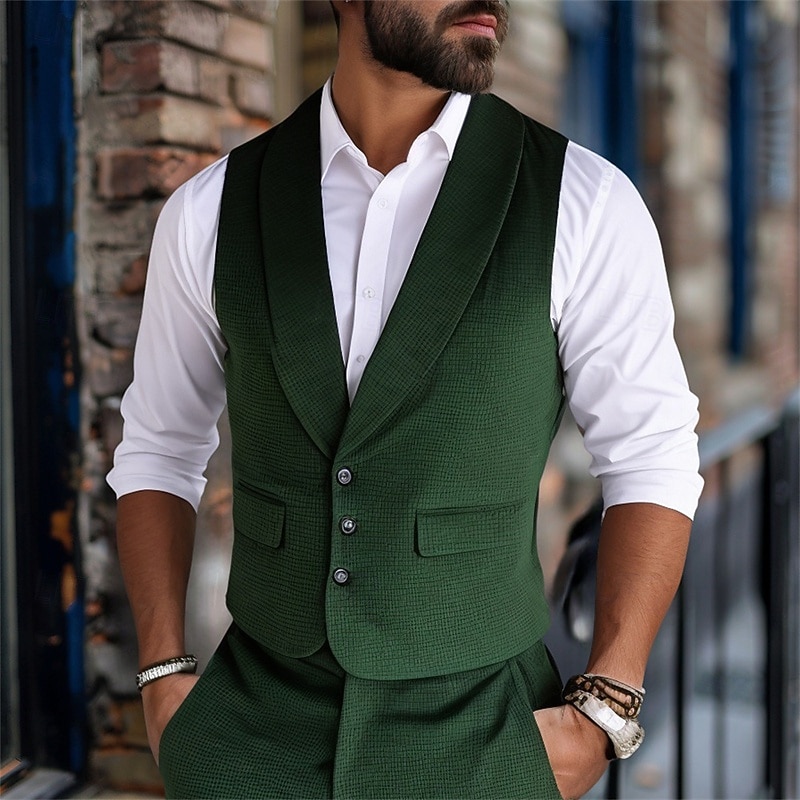Men's Vest Waistcoat Gilet Vacation Party Business Fashion Casual Summer Spring Buttons Pocket Polyester Comfortable Plain Single Breasted Lapel Regular Fit Dark Green Vest