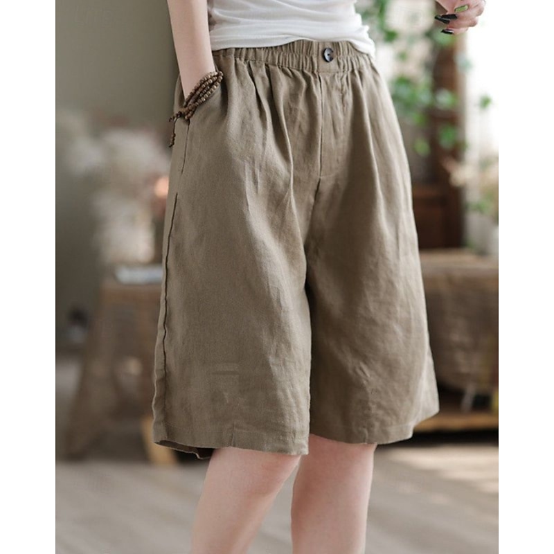 Women's Slacks Crop Fashion Streetwear Knee Length Natural Plain Pocket Elastic Waist Comfy Comfortable Vacation Street Apricot Black White Yellow Summer Regular Fit - Main Image