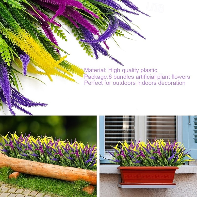 6 Bundles Artificial Plant Flowers for Outdoors - UV Resistant Fake Plastic Greenery Shrubs Faux Plants - Outside Garden Window Box Planters Porch Home Indoor Decoration (Mixed Color)4