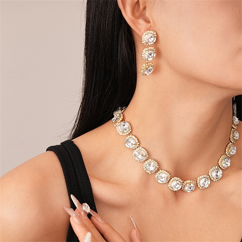 Jewelry Set Two-piece Suit Silver Cubic Zirconia Chrome 1 Necklace Earrings Women's Elegant Vintage Fashion Cute Vintage Style Classic Geometric Jewelry Set For Wedding Party Special Occasion3