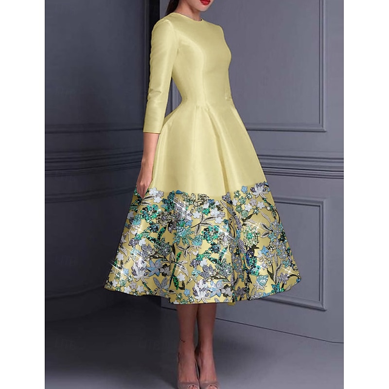 Floral Embroidered A-Line Cocktail Elegant Dress Formal Wedding Ankle Length Long Sleeve Crew Neck Satin with Slit