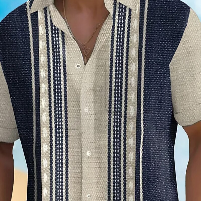 Men's Geometric Stripes Shirt Summer Shirt Button Up Shirt Short Sleeve Fashion Casual Vacation Holiday Streetwear Summer Turndown 3D Print Front One Pocket Linen Like Shirt Khaki2