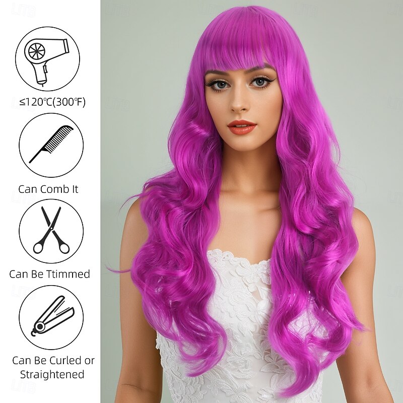 Synthetic Wig Wavy Bouncy Curl Layered Haircut Neat Bang Machine Made Wig 28 inch A1 Synthetic Hair Women's Classic Color Gradient Highlighted / Balayage Hair Purple2