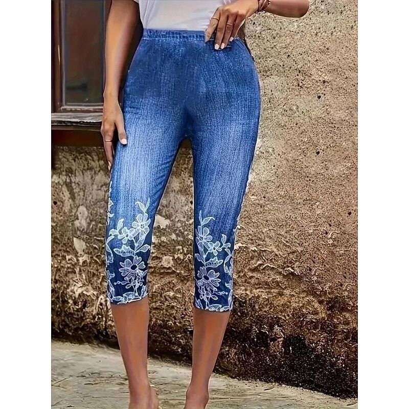 Women's Leggings Capri Pants High Elasticity Vacation Vintage Fashion Calf-Length Mid Waist Floral Graphic Printing Breathable Soft Stretchy Outdoor Vacation Street Robin's Egg Blue Summer Spring3